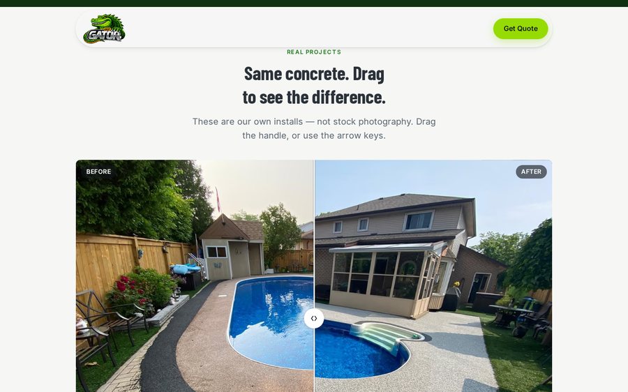 Before and after slider on the Gator Grip site showing a backyard pool deck before and after rubber surfacing