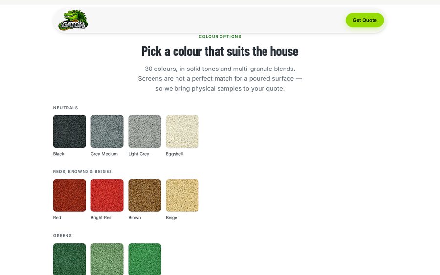 The Gator Grip colour options section showing neutral, red, brown, beige and green rubber granule swatches