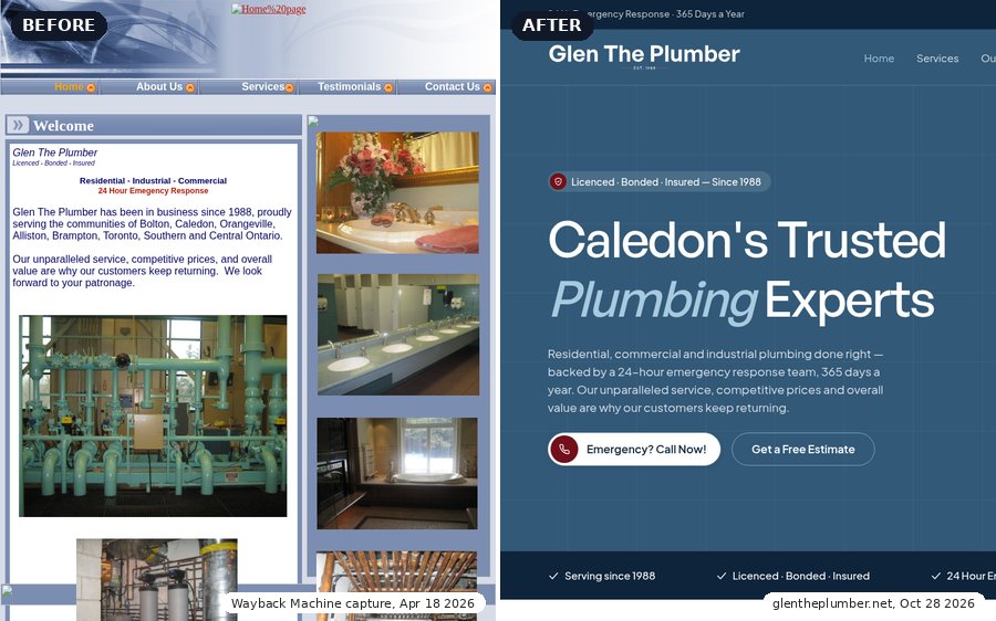 Before and after: the old Glen The Plumber homepage from an April 2026 Wayback Machine capture next to the new homepage